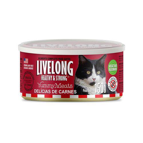 12 Unidades de Alimento Livelong Gatos Delícias de Carnes Caixa – (cada Lata 150g)