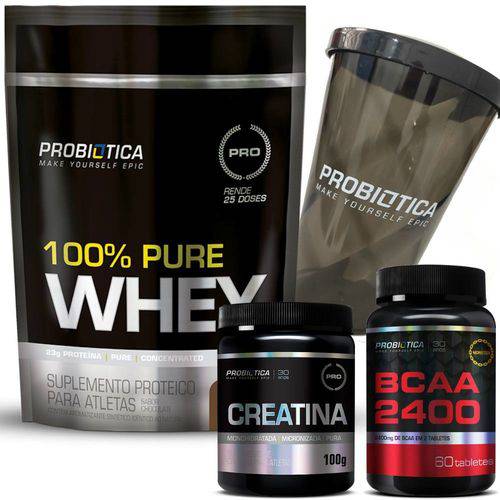 100% Pure Whey Protein 825g Refil Chocolate + BCAA 2400 + Creatina + Shaker Probiótica