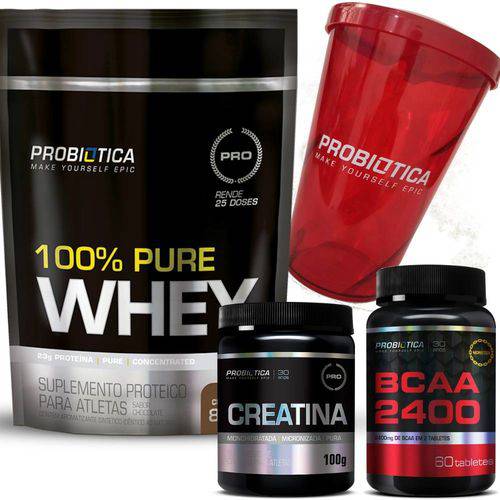 100% Pure Whey Protein Baunilha 825g Refil + BCAA 2400 + Creatina + Shaker Probiótica