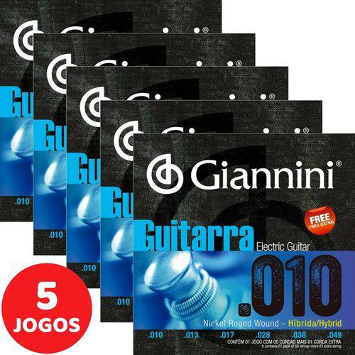 5 Encordoamento Giannini P/ Guitarra Híbrido 010 049 GEEGSTH10 Nickel R Wound