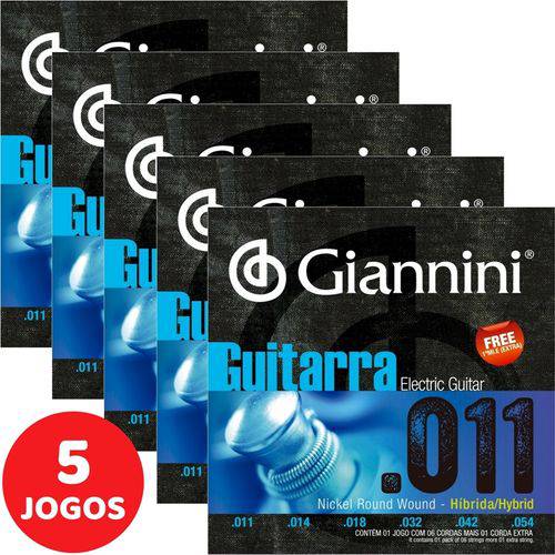 5 Encordoamento Giannini P/ Guitarra Híbrido 011 054 GEEGSTH11 Nickel R Wound