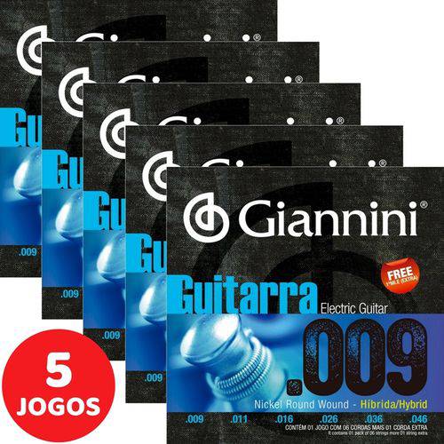 5 Encordoamento Giannini P/ Guitarra Híbrido 09 046 GEEGSTH9 Nickel R Wound
