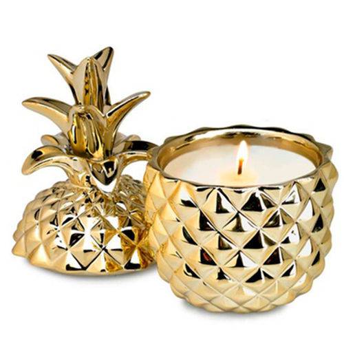 Abacaxi de Cerâmica com Vela Aromatizada Dourado
