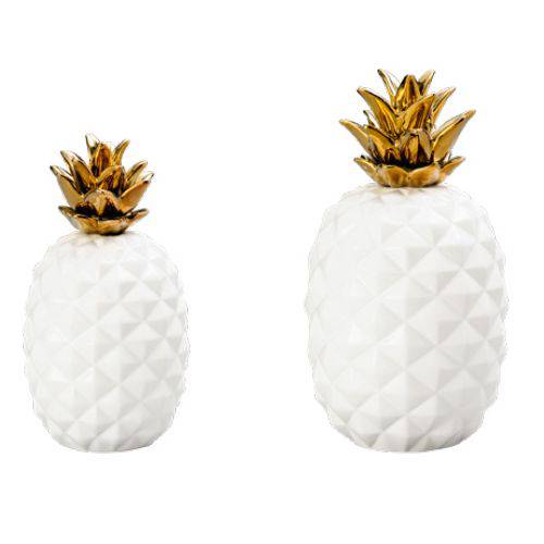 2 Abacaxis Decorativos de Cerâmica Branco e Dourado 3388/3390 - Lyor