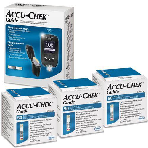 Accu-chek Guide Kit Monitor de Glicemia com Tiras Teste + Accu-chek Guide 50 Tiras Reagentes 3 Caixas