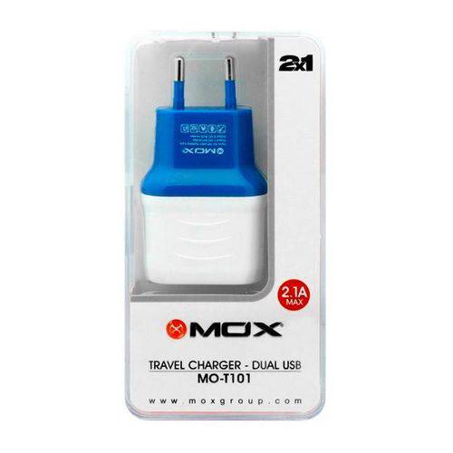 Adaptador de Tomada USB Mox Mo-t101 com 2 Saídas Bivolt - Branco-azul