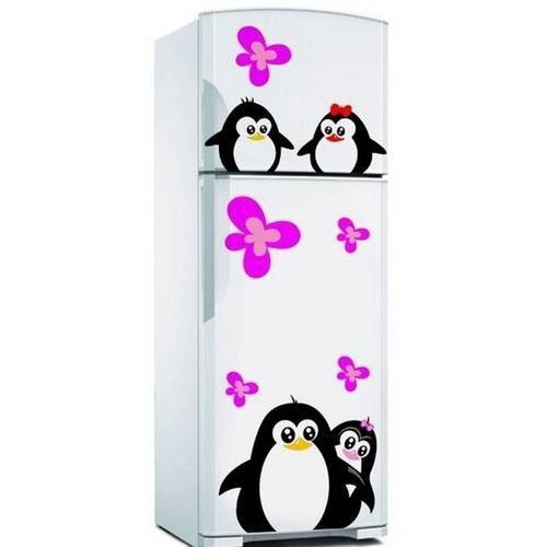 Adesivo de Geladeira Casal de Pinguins com Filhotes e Borboletas (Pai, Mãe, Filho e Filha)