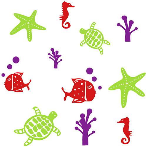 Adesivo de Parede Infantil com Peixes e Conchas Aquário Stixx Adesivos Criativos Verde/Roxo/Vermelho (45,6x38,6cm)