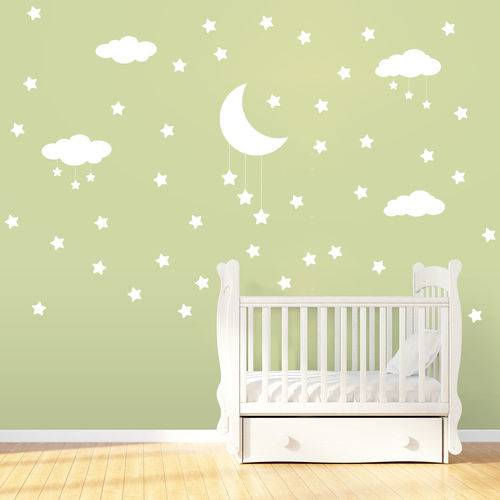 Adesivo de Parede Infantil Nuvens Lua e Estrelas Branco