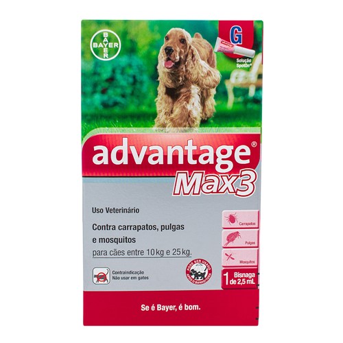 Advantage Max3 G Contra Carrapatos, Pulgas e Mosquitos para Cães Entre 10 e 25kg com 1 Bisnaga de 2,5ml