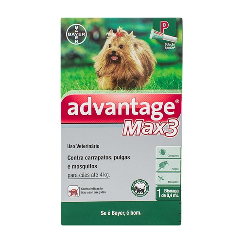 Advantage Max3 P Contra Carrapatos, Pulgas e Mosquitos para Cães Até 4kg com 1 Bisnaga de 0,4ml