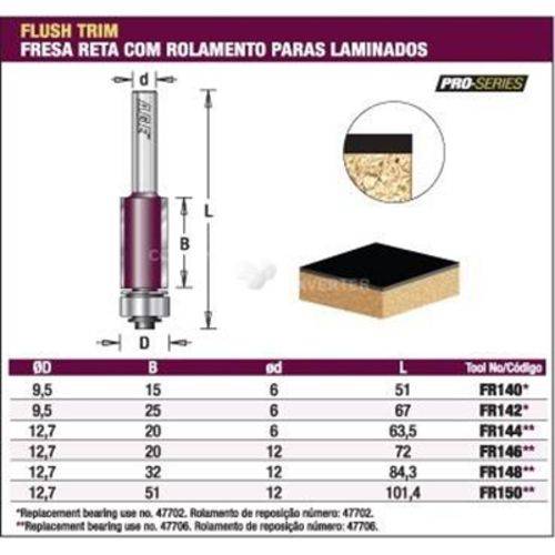 Amana Tool - Fresa Reta Paralela 9,5mm C/ Rolamento [FR140] Haste 6mm