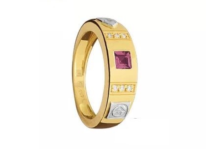 Anel de Formatura Quadrado com Diamantes e Turmalina Rosa Ouro Amarelo T10