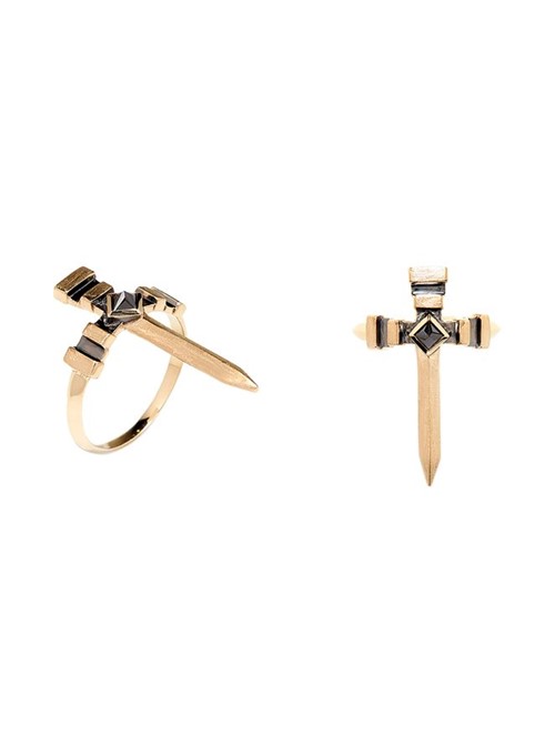 Anel Espada de São Jorge X Kate Moss de Ouro com Diamantes Negros Aro 16