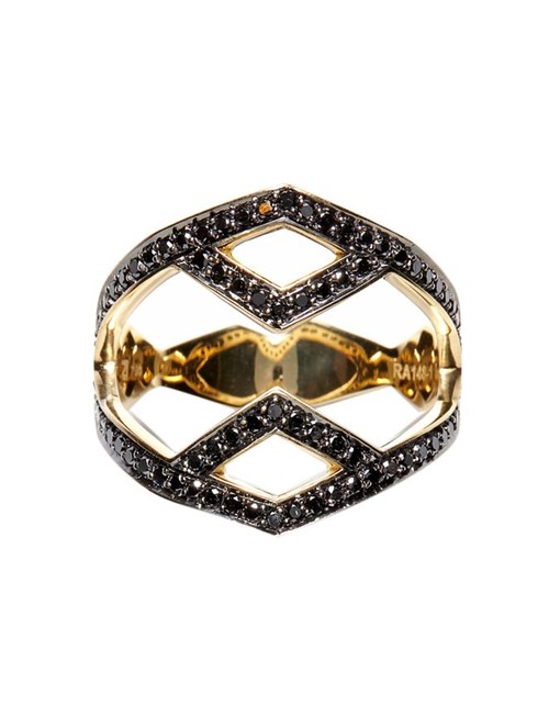 Anel Geométrico de Ouro com Diamantes Negros Aro 18