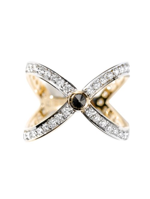 Anel X de Ouro com Diamante Negro e Diamantes Brancos Aro 18