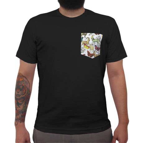 Animais Fletado - Camiseta Clássica com Bolso Masculina