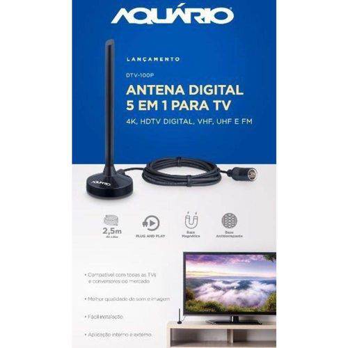 Antena Digital Aquário 5 em 1 Vhf Uhf Fm Hdtv 4k Dtv-100p