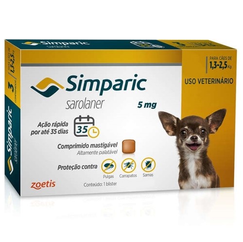 Anti-pulgas Simparic 5 Mg - Cães 1,3 a 2,5 Kg - 1 Unidade