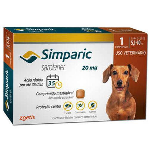 Anti Pulgas Zoetis Simparic 20 Mg para Cães 5,1 a 10 Kg - 1 Comprimidos