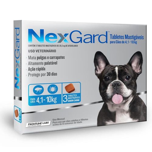 Antipulgas e Carrapatos Merial NexGard para Cães de 4,1 a 10kg 3 Comprimidos