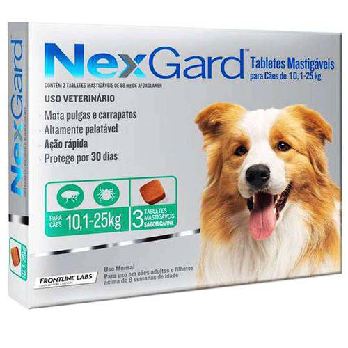 Antipulgas e Carrapatos Nexgard 68 Mg para Cães de 10,1 à 25 Kg com 03 Tabletes