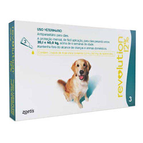 Antipulgas e Carrapatos Zoetis Revolution 12% para Cães de 20 a 40 Kg - 3 Ampolas de 2,0 ML