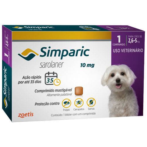 Antipulgas e Carrapatos Zoetis Simparic 10mg para Cães 2,6 a 5kg com 1 Comprimidos