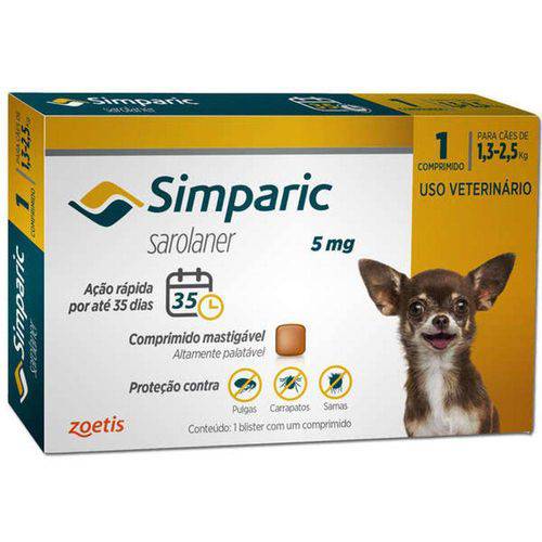 Antipulgas e Carrapatos Zoetis Simparic 5mg para Cães 1,3 a 2,5kg com 1 Comprimidos