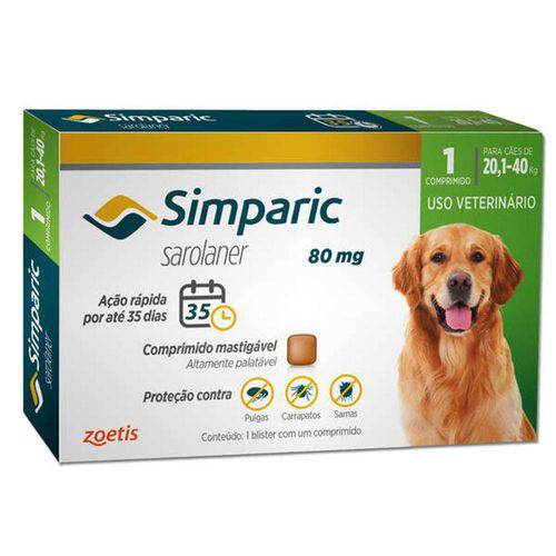 Antipulgas e Carrapatos Zoetis Simparic 80mg para Cães 20,1 a 40kg com 1 Comprimidos