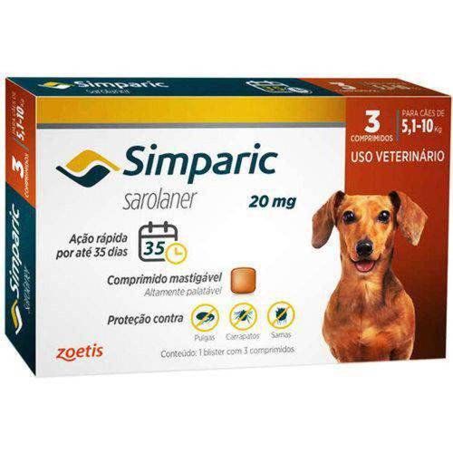 Antipulgas e Carrapatos Zoetis Simparic para Cães 5,1 a 10kg 20mg com 3 Comprimidos