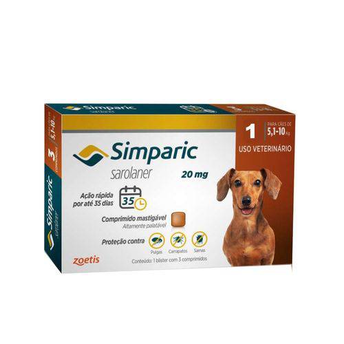Antipulgas Simparic 20 Mg para Cães 5,1 a 10 Kg - Zoetis