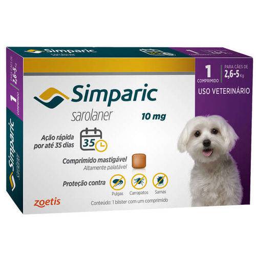 Antipulgas Simparic 10MG para Cães de 2,6 a 5k 1 Comprimido