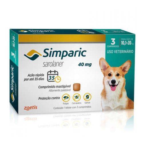 Antipulgas Zoetis Simparic 40 Mg para Cães 10,1 a 20 Kg - 3 Comprimidos