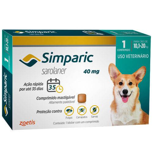 Antipulgas Zoetis Simparic 40 Mg para Cães 10,1 a 20 Kg