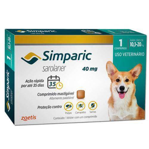 Antipulgas Zoetis Simparic 40 Mg para Cães 10 a 20 Kg 1CP