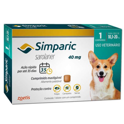 Antipulgas Zoetis Simparic 40mg para Cães de 10,1 a 20kg 1 Comprimido