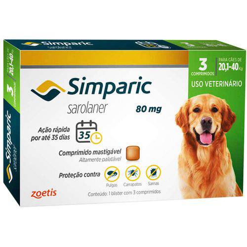 Antipulgas Zoetis Simparic 80 Mg para Cães 20,1 a 40 Kg