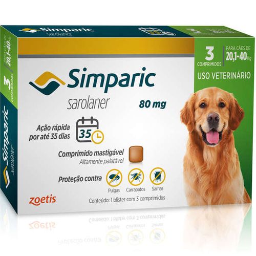 Antipulgas Zoetis Simparic 80mg para Cães de 20,1 a 40kg 3 Comprimidos