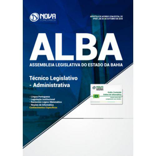 Apostila Assembleia Legislativa da Bahia (alba) 2018 - Técnico Administrativo - Administrativa