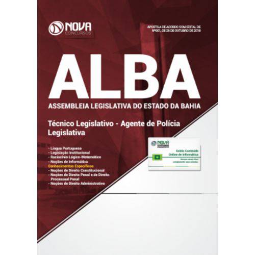 Apostila Assembleia Legislativa da Bahia (alba) 2018 - Técnico Legislativo - Agente de Polícia Legislativa