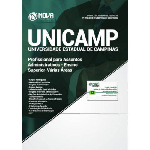 Apostila Unicamp-sp 2018 - Profissional para Assuntos Administrativos - Ensino Superior - Várias Áreas