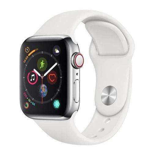 Apple Watch Series 4 Cellular, 40 Mm, Aço Inoxidável Prata, Pulseira Esportiva Branca e Fecho Clássi