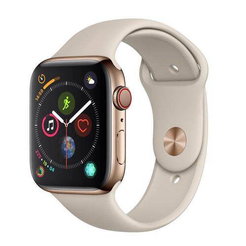 Apple Watch Series 4 Cellular, 44 Mm, Aço Inoxidável Dourado, Pulseira Esportiva Cinza e Fecho Cláss