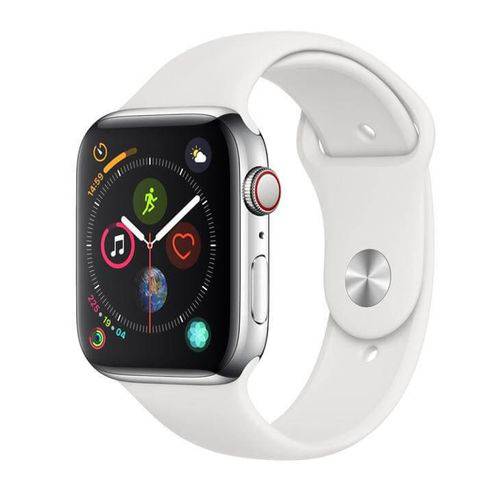 Apple Watch Series 4 Cellular, 44 Mm, Aço Inoxidável Prata, Pulseira Esportiva Branca e Fecho Clássi