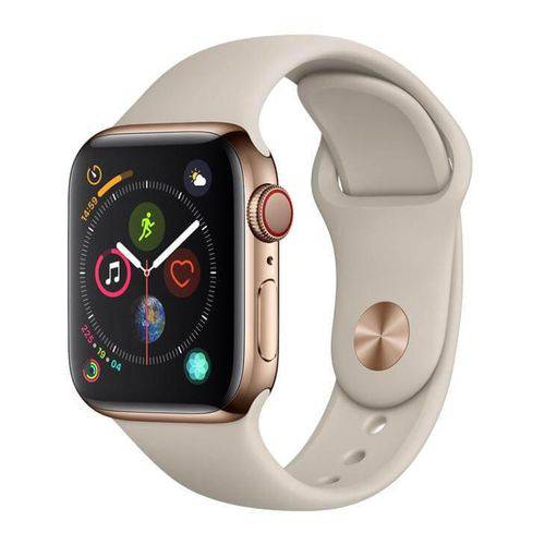 Apple Watch Series 4 Cellular + GPS, 40 Mm, Aço Inoxidável Dourado, Pulseira Esportiva Cinza e Fecho