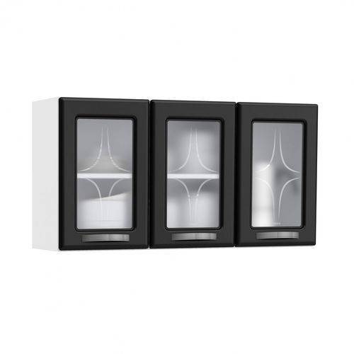 Armário Aereo 3 Portas com Vidro Rubi Móveis Branco/Preto