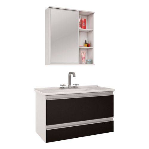 Armário Banheiro com Espelheira e Pia em Marmore Sintetico Branco/preto Treviso Mgm