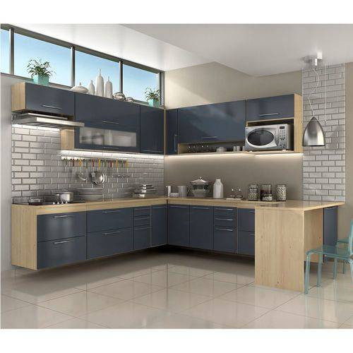 Armário de Cozinha Modulada Platina 14 Peças - Cedro/Azul