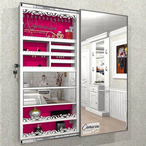 Armário Porta Joia C/ Porta de Espelho em Moldura de Alumínio e Iluminação Led - Pjc130 Branco - Veludo Rosa